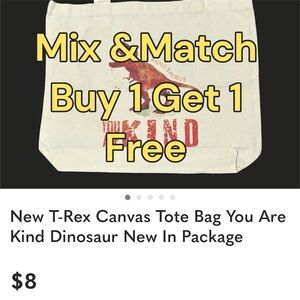 New T-Rex Canvas Tote Bag You Are Kind Dinosaur New In Package